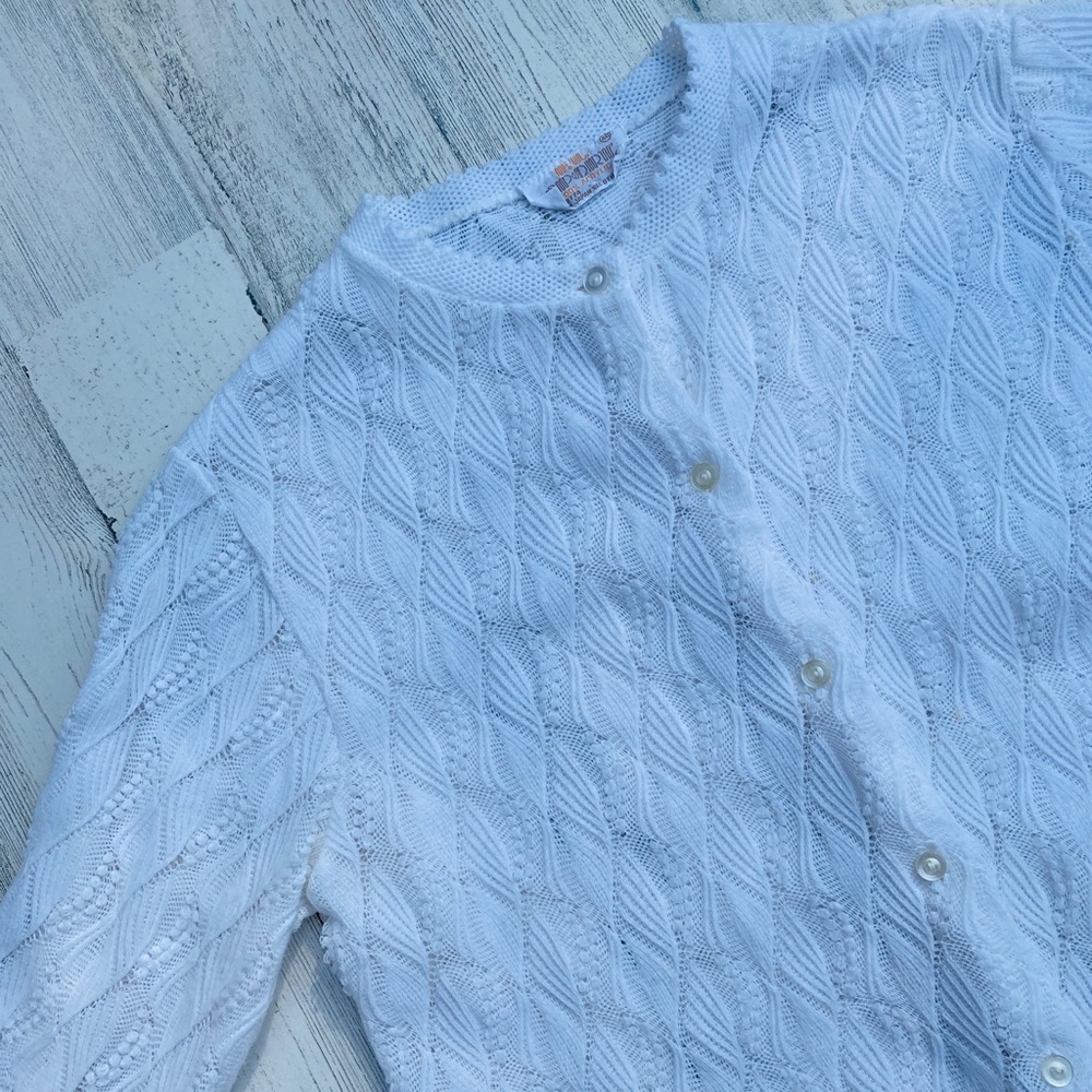 Vintage 60s White Cardigan Pointelle Sweater - Picture 3 of 8